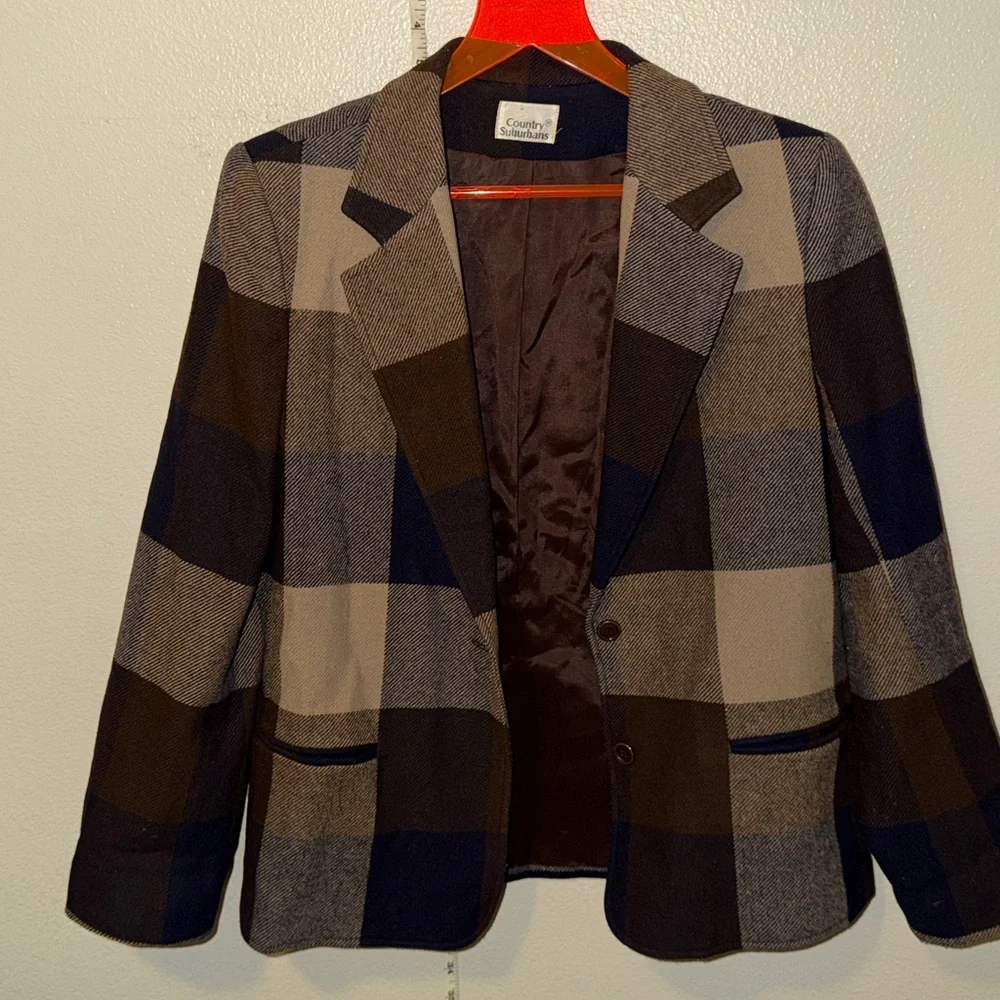 Vintage Country Suburbans Plaid Wool Blend Blazer | Brown & Blue- fits like m